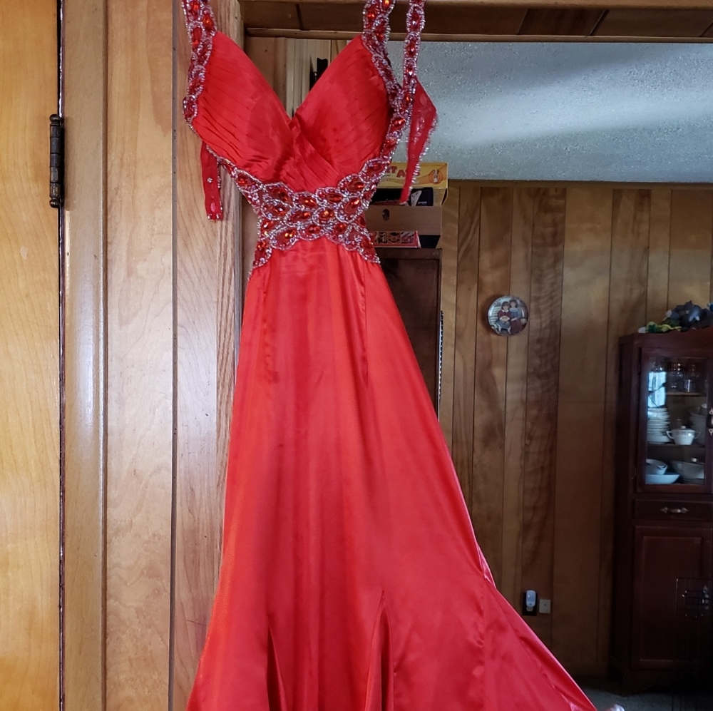 Orange Jeweled Prom Dress with Open Back